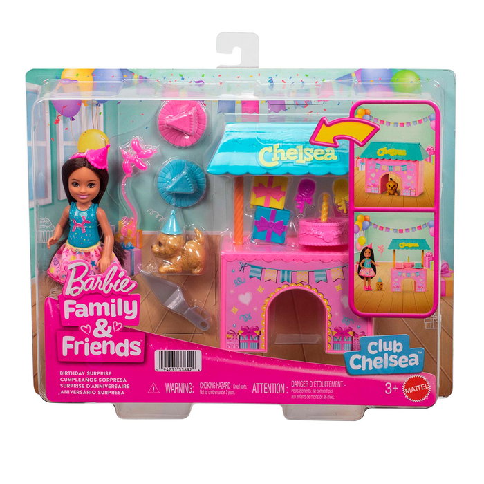 Barbie Muñeca Chelsea Fiesta De Cumpleaños Jjb41 - Jeu de fête 2-en-1 avec cabane transformable et 12 accessoires pour enfant +3 ans