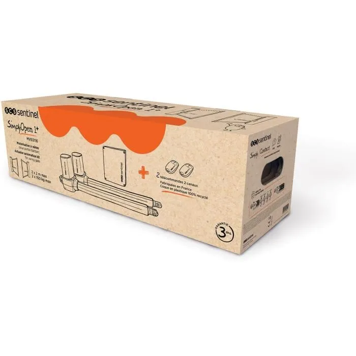 SCS SENTINEL Kit moteur pour portail battant 2 vantaux SimplyOpen 1+ à vérins - Jusqu'à 150 kg par vantail et 4 m max - Motorisation design noire avec 2 télécommandes