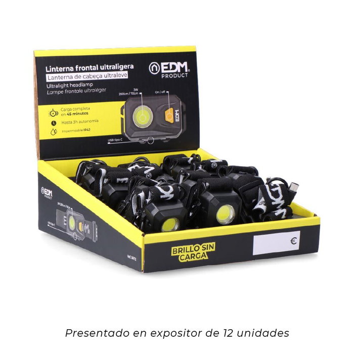 Edm Lampe Frontale Ultra-Légère 250 lm Rechargeable USB-C 3W 3 Modes