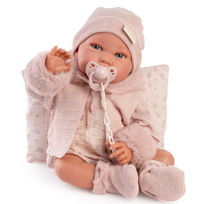 Antonio Juan Poupée Nouveau-né Pipa Hiver 33392, 42 cm avec habillage rose, langues multiples (EN, FR, DE, IT, PT, ES), poupée articulée à perles de polystyrène