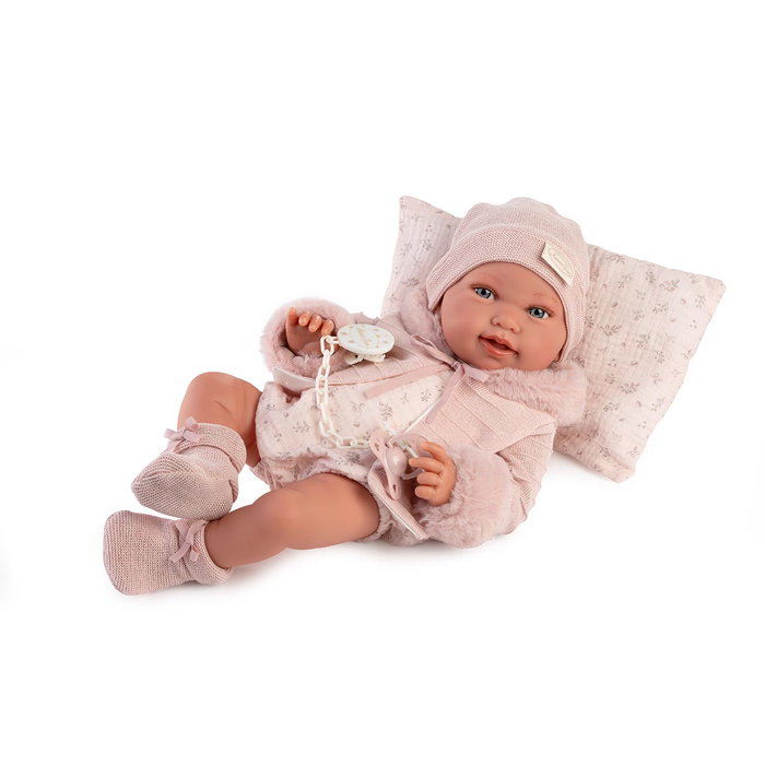 Antonio Juan Poupée Nouveau-né Pipa Hiver 33392, 42 cm avec habillage rose, langues multiples (EN, FR, DE, IT, PT, ES), poupée articulée à perles de polystyrène