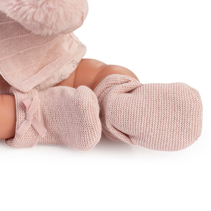 Antonio Juan Poupée Nouveau-né Pipa Hiver 33392, 42 cm avec habillage rose, langues multiples (EN, FR, DE, IT, PT, ES), poupée articulée à perles de polystyrène