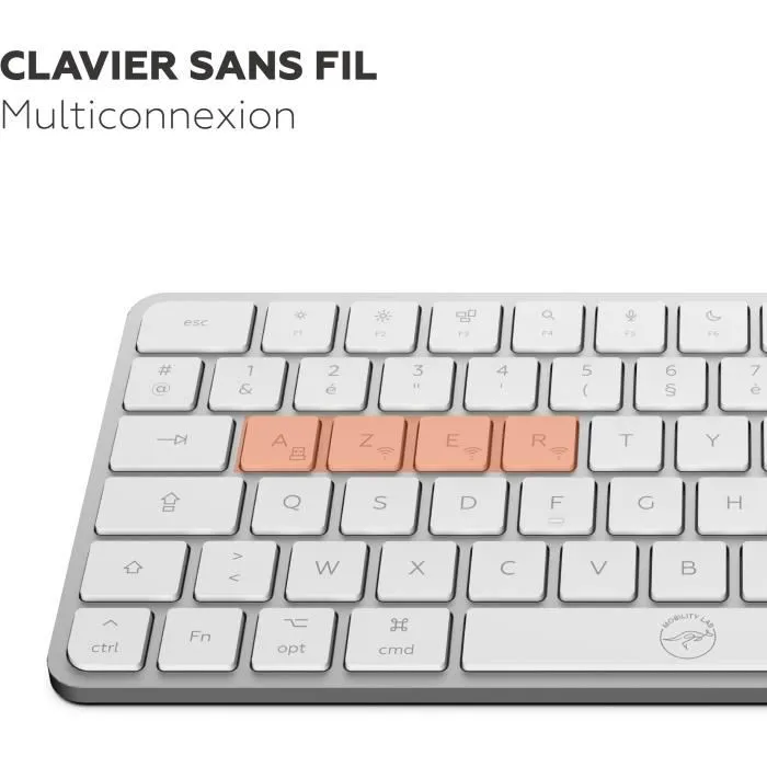 Mobility Lab KMP2000W - Mini clavier sans fil AZERTY FR compact - Connexions 2.4 GHz et Bluetooth triple - Touches plates et 12 raccourcis multimédia - Recharge USB-C - Blanc