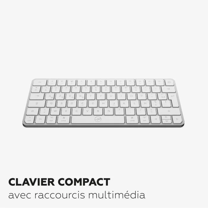 Mobility Lab KMP2000W - Mini clavier sans fil AZERTY FR compact - Connexions 2.4 GHz et Bluetooth triple - Touches plates et 12 raccourcis multimédia - Recharge USB-C - Blanc