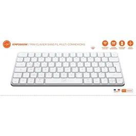 Mobility Lab KMP2000W - Mini clavier sans fil AZERTY FR compact - Connexions 2.4 GHz et Bluetooth triple - Touches plates et 12 raccourcis multimédia - Recharge USB-C - Blanc