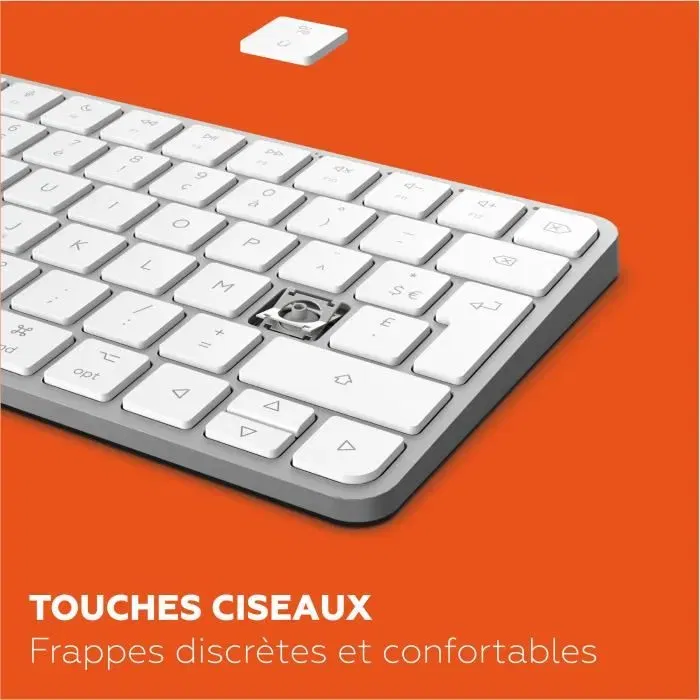 Mobility Lab KMP2000W - Mini clavier sans fil AZERTY FR compact - Connexions 2.4 GHz et Bluetooth triple - Touches plates et 12 raccourcis multimédia - Recharge USB-C - Blanc