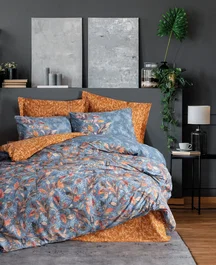 Alekra Parure de lit - 1 housse de couette 140 x 200 cm + 2 taies d'oreiller 60 x 60 cm - 100% coton renforcé - Imprimé floral bleu et moutarde