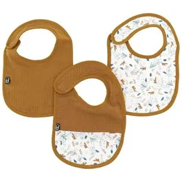 Domiva Lot de 3 Bavoirs Bébé 6-12 Mois en Gaze et Éponge de Coton Bio - Imprimé Caramel - Fermeture Velcro