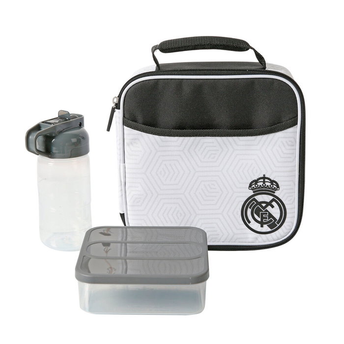 SAFTA - Sac isotherme porte-repas avec boîte Tupper et gourde - Motif Real Madrid - Isolation haute densité, revêtement PEVA, étanche - Dimensions 21 x 9.5 x 21.6 cm