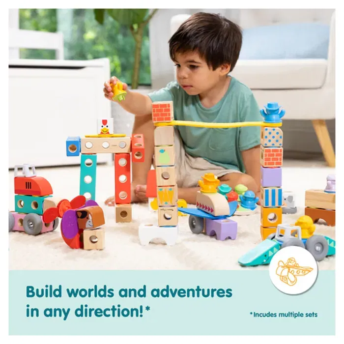 Melissa & Doug - Coffret de construction Blockables Les Véhicules - 54 pièces avec blocs en bois, connecteurs, figurines et plateau de jeu - Jeu de motricité pour enfants dès 2 ans