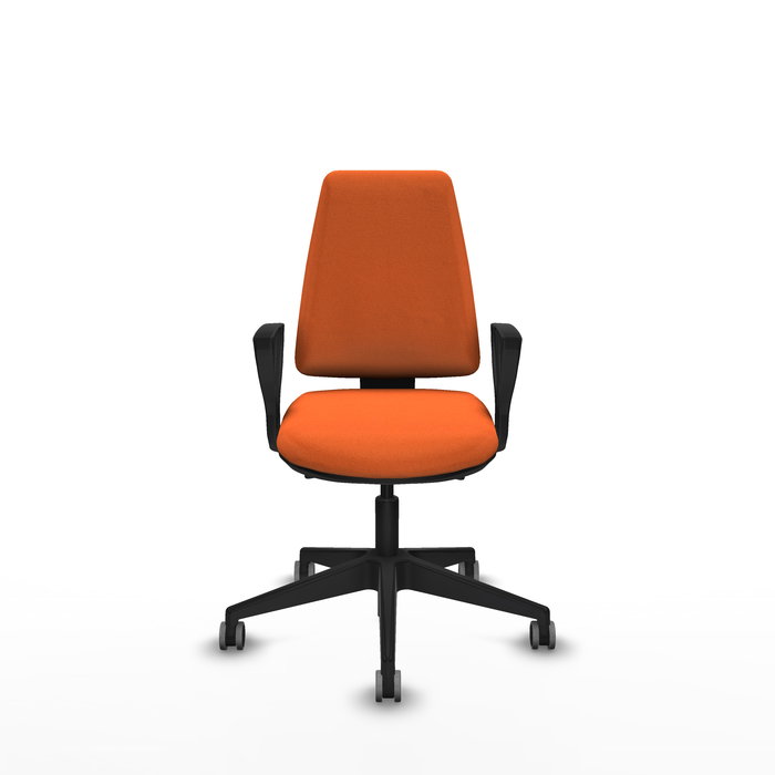 Chaise Elche Asynchrone Tissu Orange Base pyramidale noire Accoudoirs fixes Sans appui-tête Roulettes 65mm pour moquette