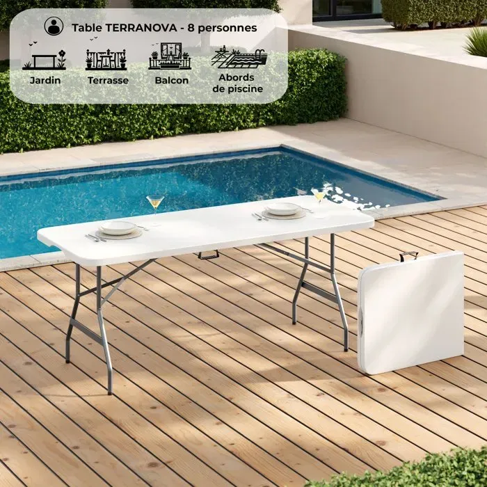Terranova - Table de réception pliante, blanche - Structure acier, plateau PEHD, pour 8 personnes - 180 x 74 x 73.5 cm