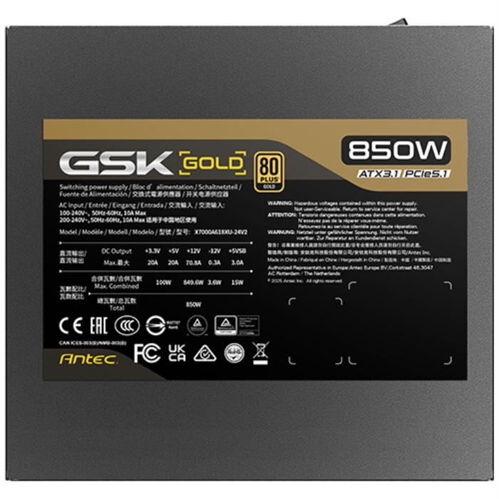 Antec GSK850 V2 EC Alimentation 850W 80 PLUS Gold Totalement Modulaire ATX 3.1 Noir