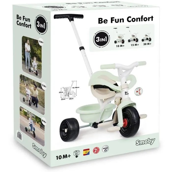 Smoby - Tricycle Be Fun Confort 3 en 1 Évolutif, avec Poignée Parentale et Siège Réglables, pour Enfant dès 10 mois, Référence SMOBY