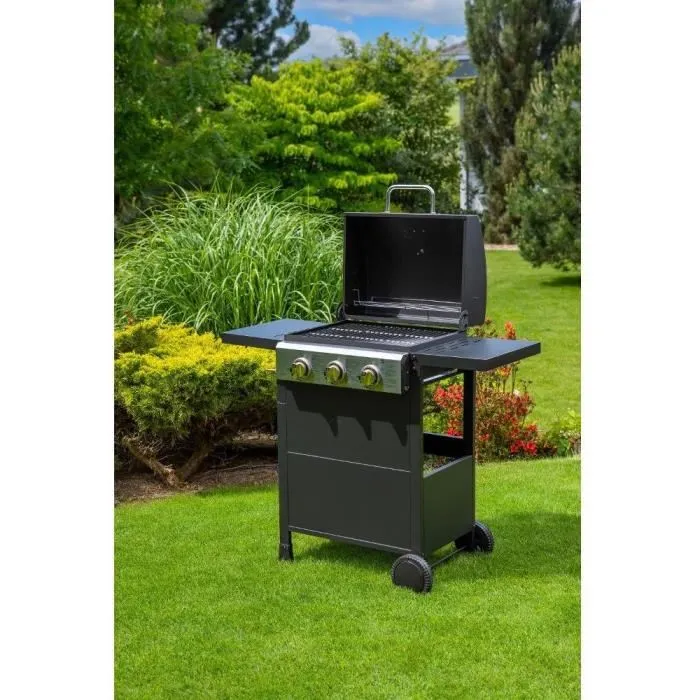 Fieldmann FZG 3003 Gril à gaz portable avec 3 brûleurs, surface de cuisson 49.5 x 36 cm, thermomètre intégré, roulettes et couvercle, idéal barbecue