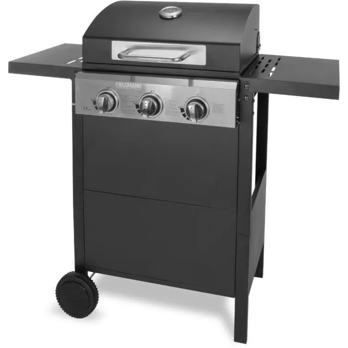 Fieldmann FZG 3003 Gril à gaz portable avec 3 brûleurs, surface de cuisson 49.5 x 36 cm, thermomètre intégré, roulettes et couvercle, idéal barbecue