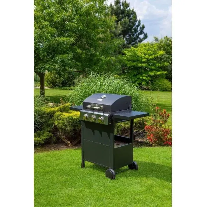 Fieldmann FZG 3003 Gril à gaz portable avec 3 brûleurs, surface de cuisson 49.5 x 36 cm, thermomètre intégré, roulettes et couvercle, idéal barbecue