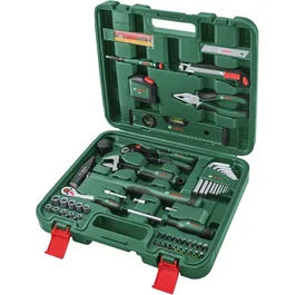 Bosch Set d'outils 73 pièces - Coffret de transport avec pinces, cliquet 1/4", tournevis, marteau, clé à molette, cutter, mètre ruban, niveau à bulle, clés mâles six pans