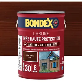 Bondex - Lasure extérieure Très Haute Protection 8 ans anti-UV indice 30 - Chêne foncé satin - 5 litres - Antifongique, anti-goutte, pour bois extérieurs