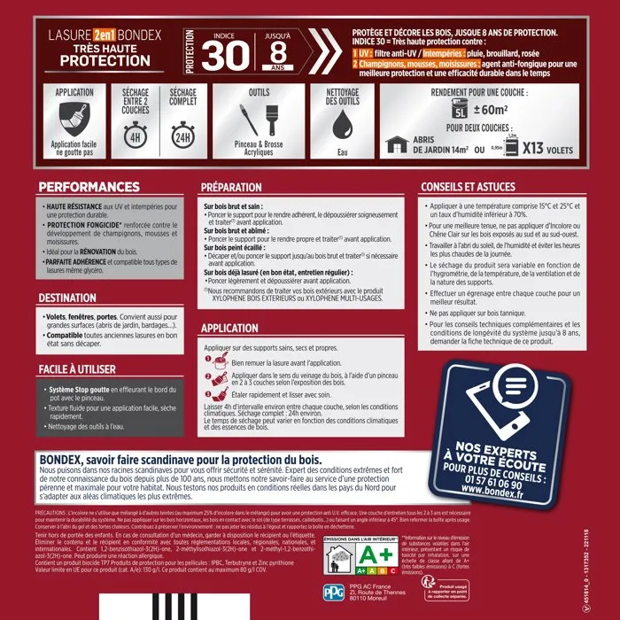 Bondex - Lasure extérieure Très Haute Protection 8 ans anti-UV indice 30 - Chêne foncé satin - 5 litres - Antifongique, anti-goutte, pour bois extérieurs Bondex - Lasure extérieure Très Haute Protection 8 ans anti-UV indice 30 - Chêne foncé satin - 5 litres - Antifongique, anti-goutte, pour bois extérieurs