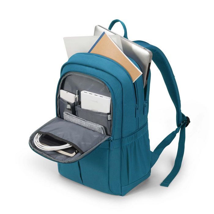 Dicota Sac à dos pour ordinateur portable 13-15.6", 19.5 L, 600D PET recyclé, hydrofuge, avec compartiment verrouillable pour tablette jusqu'à 10.5", bleu