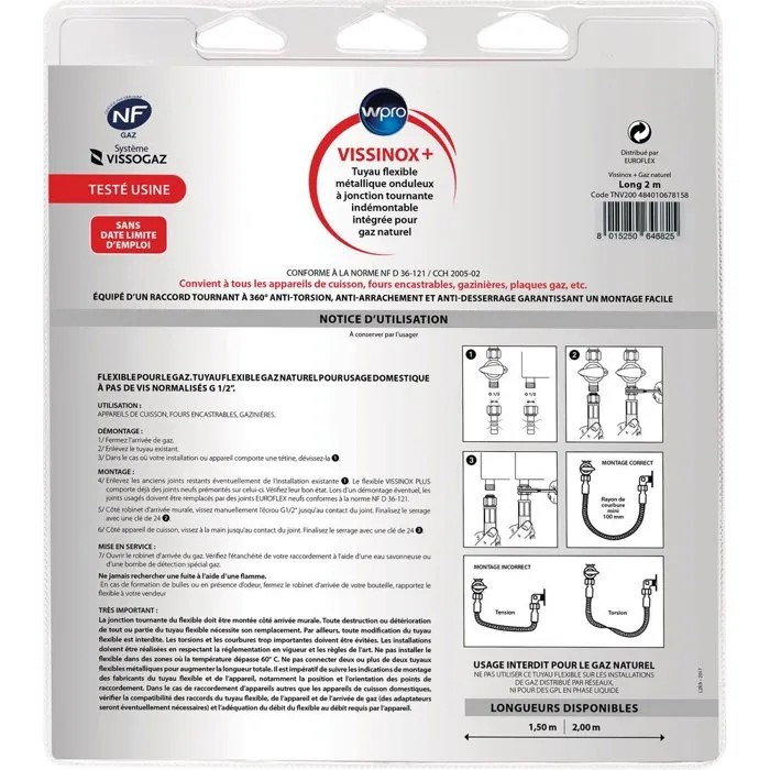 Wpro Tuyau gaz inox TNV200 Vissinox+ pour gaz naturel, 2 m