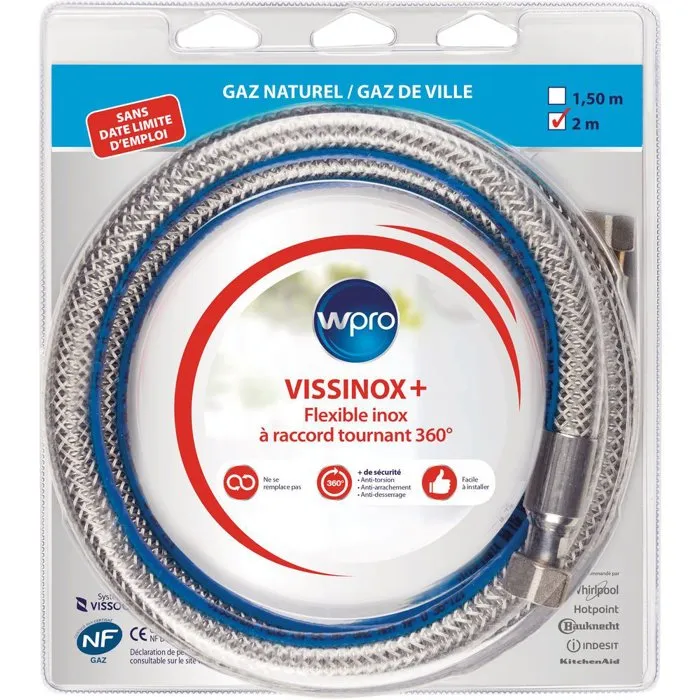 Wpro Tuyau gaz inox TNV200 Vissinox+ pour gaz naturel, 2 m