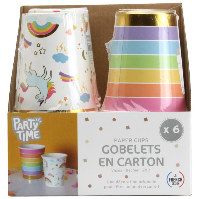 Party Time Lot de 6 verres en carton Licorne et Arc-en-ciel Party Time Lot de 6 verres en carton Licorne et Arc-en-ciel