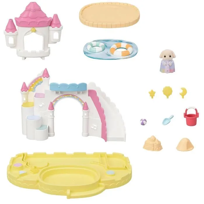 Sylvanian Families 5746 - Le bac à sable et piscine des bébés, château de jeu avec toboggan et accessoires, figurine Bébé Lapin Bélier