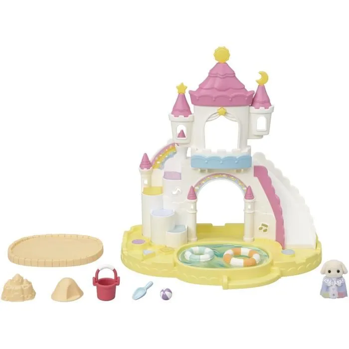 Sylvanian Families 5746 - Le bac à sable et piscine des bébés, château de jeu avec toboggan et accessoires, figurine Bébé Lapin Bélier