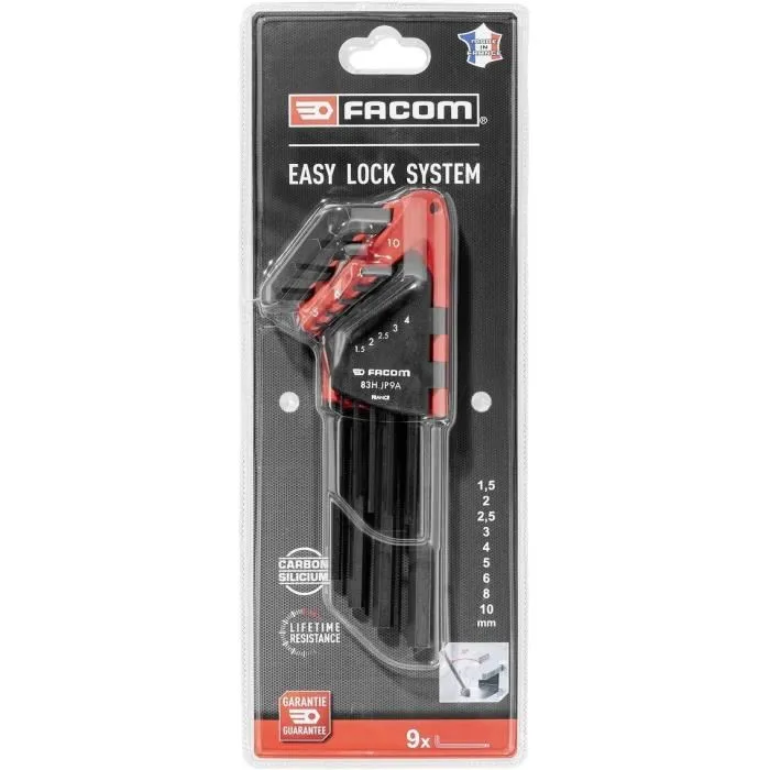 Facom 83H.JP9APB - Jeu de 9 Clés Mâles Longues 6 Pans (1,5-10 mm) avec Support de Rangement