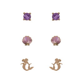 PEERS HARDY Set de 3 paires de boucles d'oreilles La Petite Sirène Disney - Pierres violettes, coquillage violet et motif doré d'Ariel