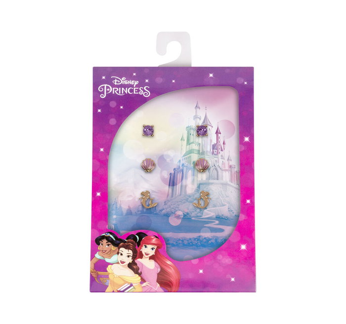PEERS HARDY Set de 3 paires de boucles d'oreilles La Petite Sirène Disney - Pierres violettes, coquillage violet et motif doré d'Ariel