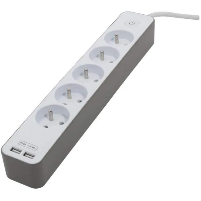 Chacon Bloc multiprise mural 5 prises 16A (3500W) avec 2 ports USB, câble 1.5m HO5VV-F 3x1.5mm², sécurité enfant, interrupteur et disjoncteur - Blanc et marron