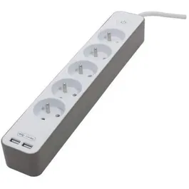 Chacon Bloc multiprise mural 5 prises 16A (3500W) avec 2 ports USB, câble 1.5m HO5VV-F 3x1.5mm², sécurité enfant, interrupteur et disjoncteur - Blanc et marron