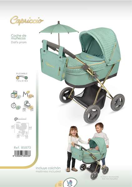 Decuevas Coche de muñeca plegable Capriccio - Poussette de poupée pliable avec ombrelle et sac pour poupées jusqu'à 48 cm - 38x65x60 cm