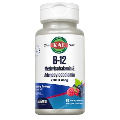 KAL B12 Méthylcobalamine & Adénosylcobalamine 2000 mcg, 60 microcomprimés KAL B12 Méthylcobalamine & Adénosylcobalamine 2000 mcg, 60 microcomprimés