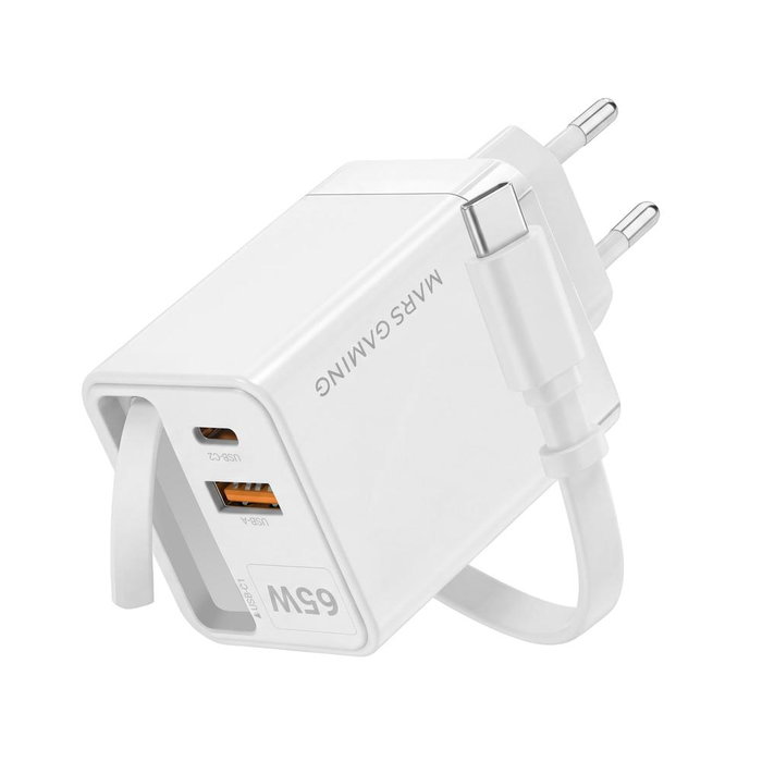 Mars Gaming MDGAN65RW Chargeur mural GaN 65W USB-C + USB-A Blanc