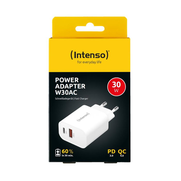 Intenso Cargador pared GaN W30AC 1xUSB-A 1xUSB-C Blanc