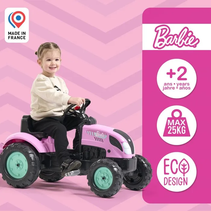 Falk Tracteur à pédales Barbie avec remorque et plaque personnalisable Falk Tracteur à pédales Barbie avec remorque et plaque personnalisable