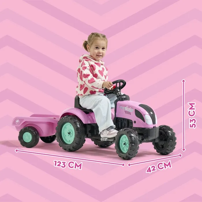 Falk Tracteur à pédales Barbie avec remorque et plaque personnalisable Falk Tracteur à pédales Barbie avec remorque et plaque personnalisable