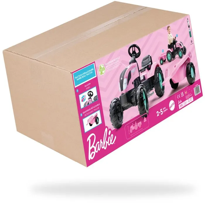 Falk Tracteur à pédales Barbie avec remorque et plaque personnalisable Falk Tracteur à pédales Barbie avec remorque et plaque personnalisable