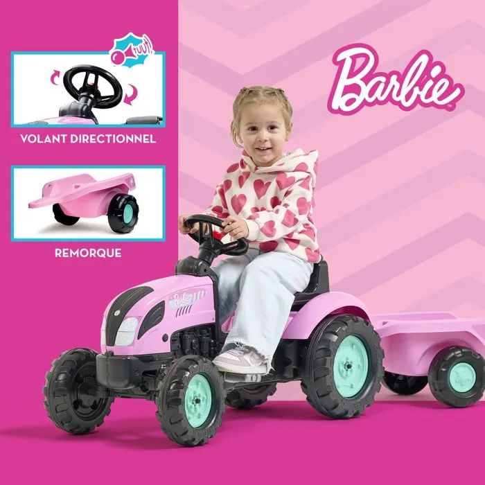 Falk Tracteur à pédales Barbie avec remorque et plaque personnalisable Falk Tracteur à pédales Barbie avec remorque et plaque personnalisable