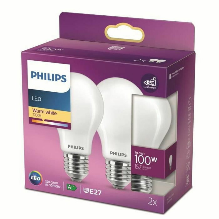 Philips Ampoule LED Standard E27 10,5 W Blanc Chaud (Lot de 2) Philips Ampoule LED Standard E27 10,5 W Blanc Chaud (Lot de 2)