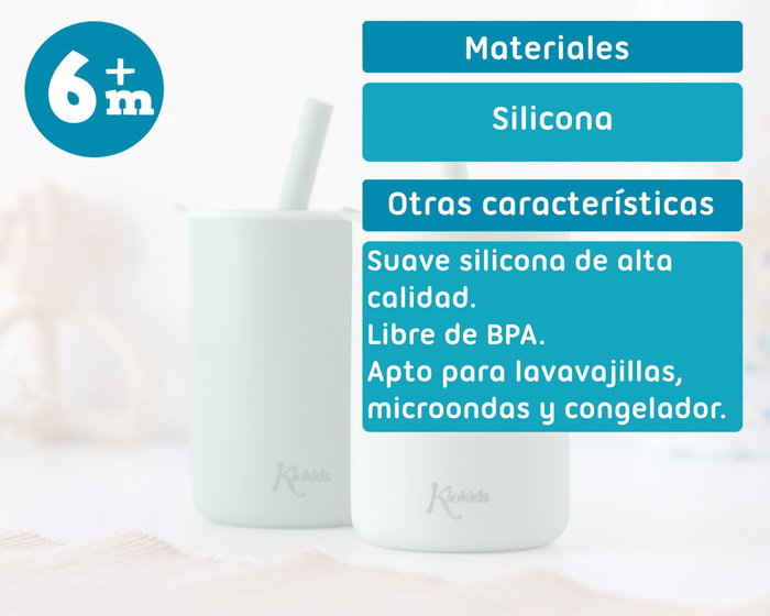 KioKids Goûte-lait Ecocup en Silicone Souple avec Paille, 180 ml, Couleur Sage, +6 Mois, Résistant Micro-ondes/Lave-vaisselle/Congélateur, Ecofriendly