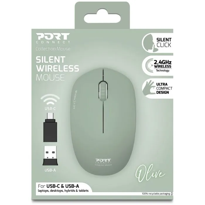 Port Designs Souris Sans Fil 900543 Collection II, Olive Vert, Technologie Wireless 2.4 GHz, Design Ultra Compact et Silencieux