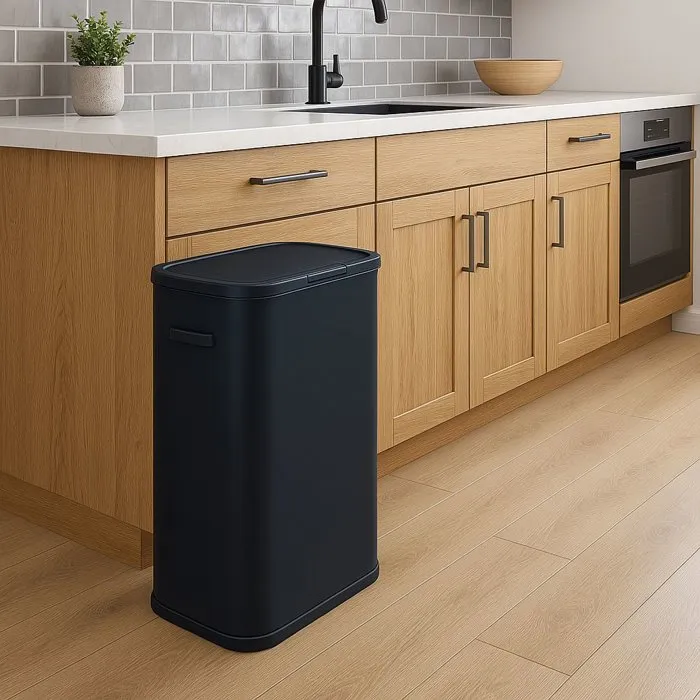 KITCHEN MOVE Poubelle de cuisine Portland 60L avec ouverture par pression - Acier inoxydable noir - Capacité 60 litres