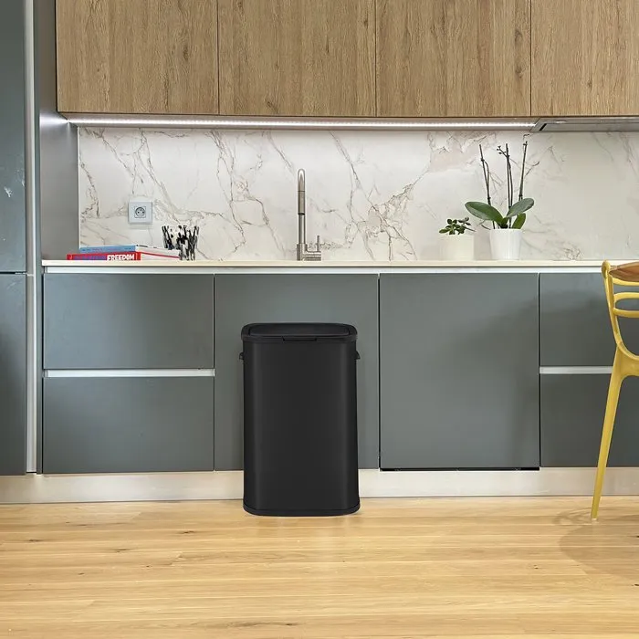 KITCHEN MOVE Poubelle de cuisine Portland 60L avec ouverture par pression - Acier inoxydable noir - Capacité 60 litres