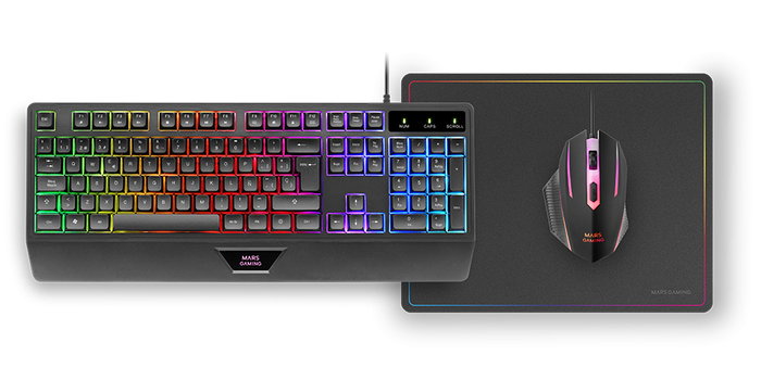 Mars Gaming MCP124PT Pack Gaming 3 en 1 Clavier H-Mech QWERTY Portugal Souris 3200 DPI RGB et Tapis Nanotextile