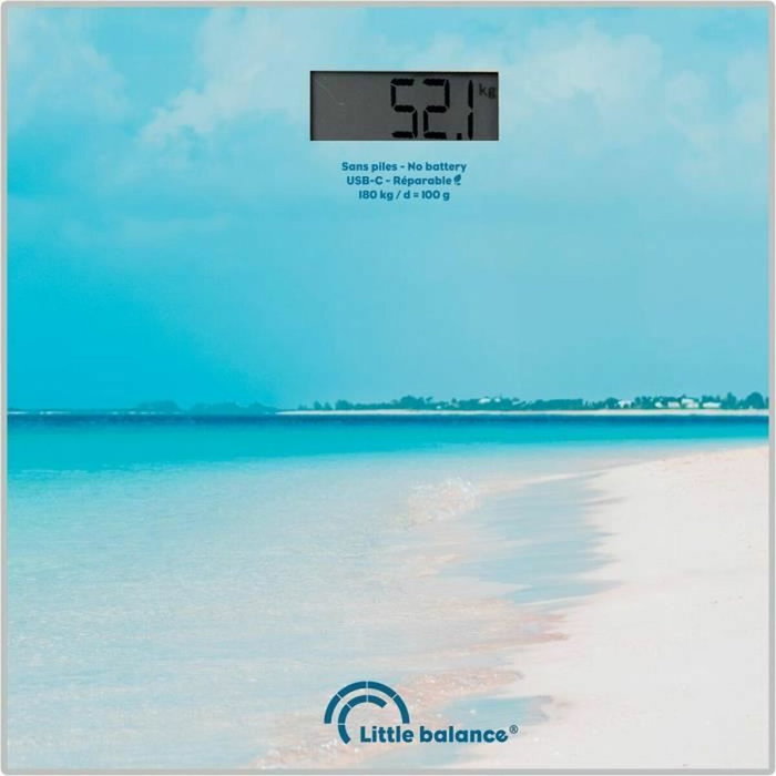 Little Balance Pese-personne USB-C Caraibes, 180 kg max, Précision 100 g, Écran LCD, Plateau Verre Trempé 28x28 cm, Batterie Li-ion Rechargeable, Plastique Recyclé